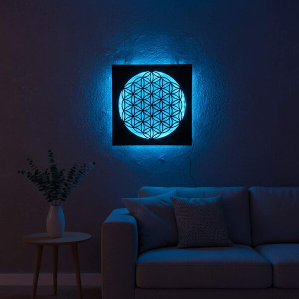 Pictură din lemn cu iluminare din spate Floarea Vieții – decorațiune murală cu mandală LED | MONEN