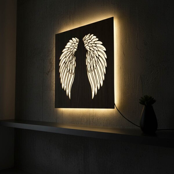 Tablou din lemn cu iluminare din spate cu LED - Aripi de înger pe perete - MULO