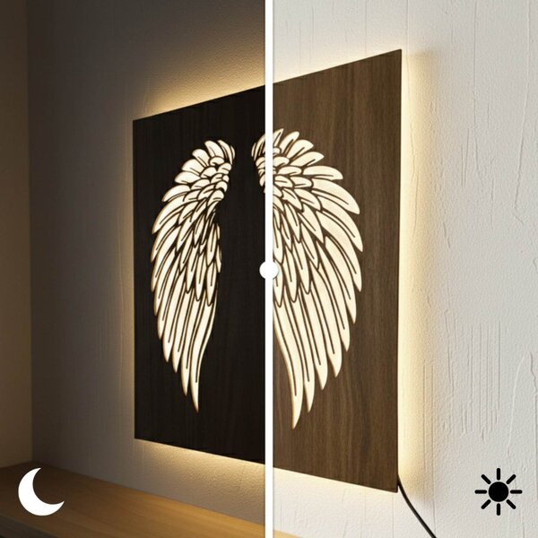 Tablou din lemn cu iluminare din spate cu LED - Aripi de înger pe perete - MULO