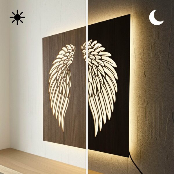Tablou din lemn cu iluminare din spate cu LED - Aripi de înger pe perete - MULO