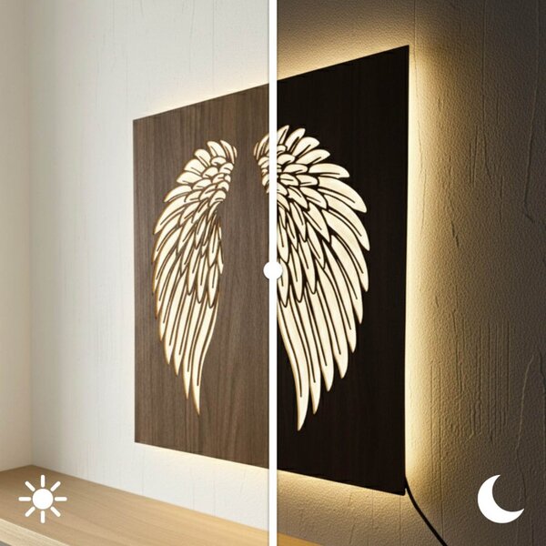 Tablou din lemn cu iluminare din spate cu LED - Aripi de înger pe perete - MULO