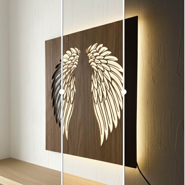 Tablou din lemn cu iluminare din spate cu LED - Aripi de înger pe perete - MULO