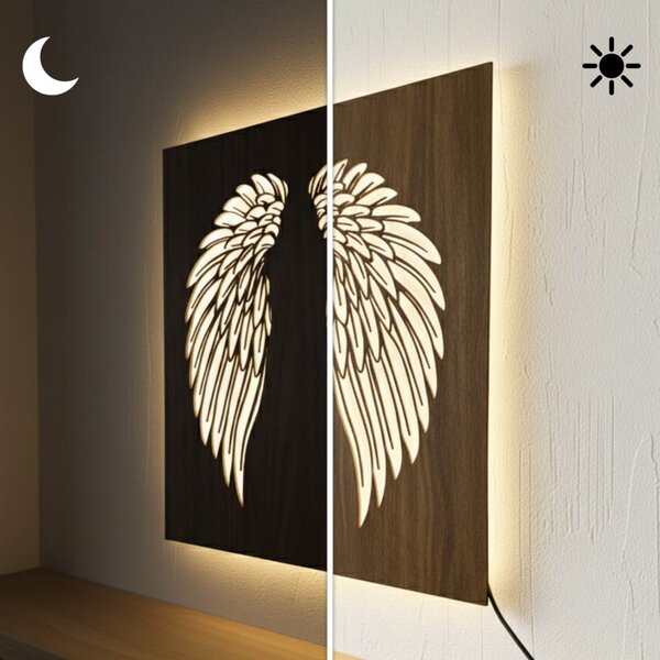 Tablou din lemn cu iluminare din spate cu LED - Aripi de înger pe perete - MULO
