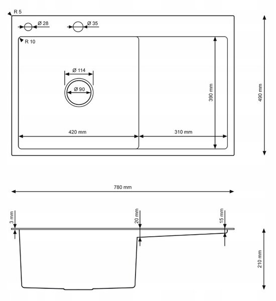 Erga HD, chiuvetă din oțel cu 1 cameră 780x490x210 mm, stânga, grafit, ERG-MLS-HD7849LB