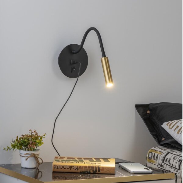 Lampă LED flexibilă de perete cu port USB Brilagi MAYA LED/3W/230V negru/auriu