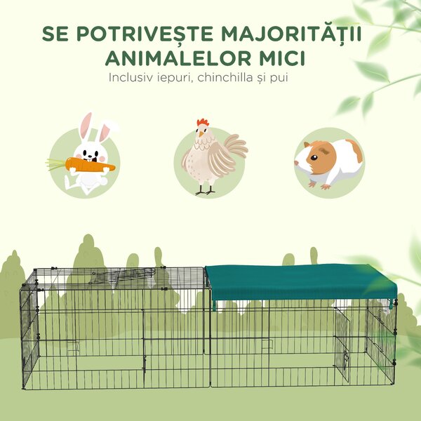 PawHut Habitat pentru Animale Mici, Tarc Sigur pentru Pui, Iepuri, Chinchilla, cu Acoperiș, 185x75x50 cm, Verde | Aosom Romania