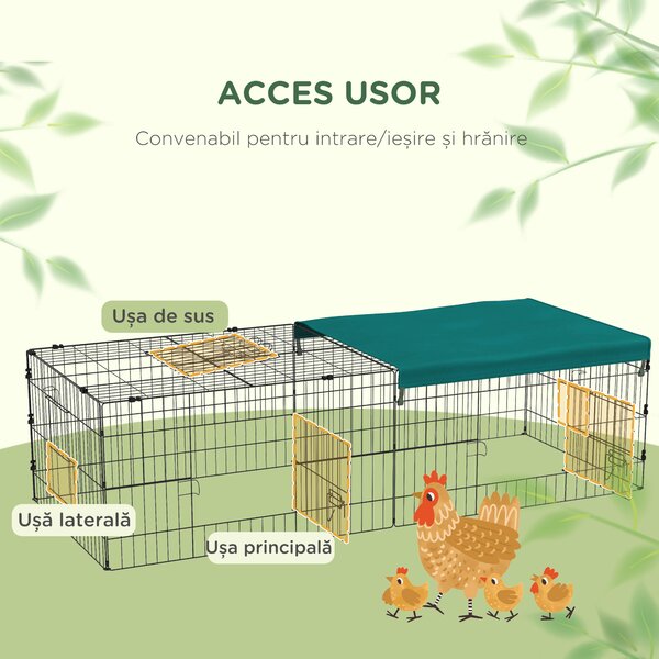 PawHut Habitat pentru Animale Mici, Tarc Sigur pentru Pui, Iepuri, Chinchilla, cu Acoperiș, 185x75x50 cm, Verde | Aosom Romania