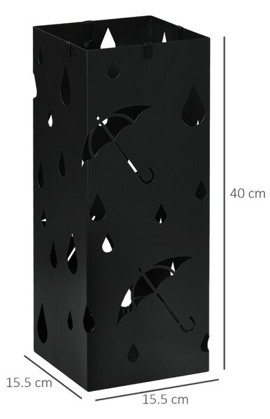 HOMCOM Suport din Otel pentru Umbrele, Suport de Umbrele Patrat cu 4 Carlige si Tava de Picurare Detasabila, Cos de Umbrele Tubular pentru Hol, Negru