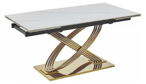 Masa extensibila HERMES II, alb cu efect de marmura/auriu, ceramica/me