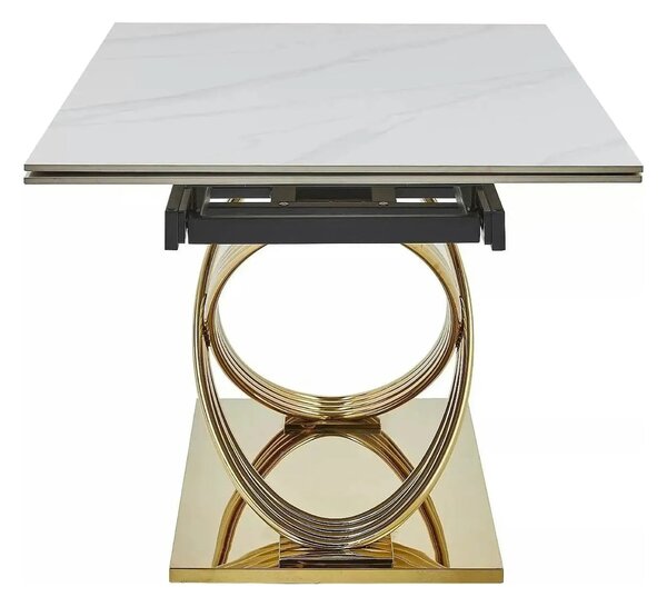 Masa extensibila HERMES II, alb cu efect de marmura/auriu, ceramica/me