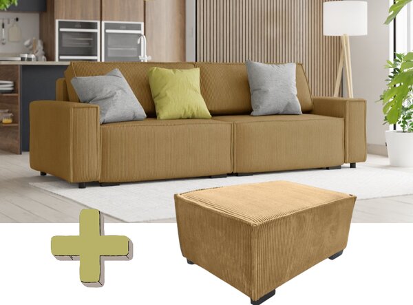 Canapea extensibila cu trei locuri cu taburet SMART SET, mustar