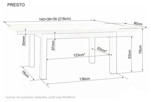 Masa extensibila PRESTO, casmir/stejar, PAL laminat, 140/218x80x78 cm