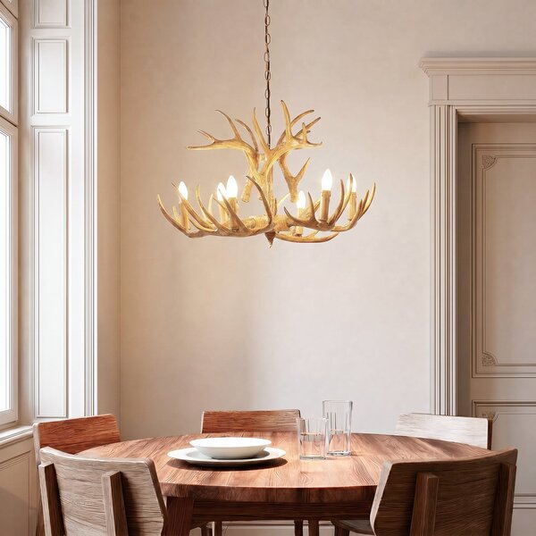 Lindby Lampă suspendată Fibi, maro, coarne, 6 becuri E14, reglabil, Maro / Rugină, Camera de zi / sufragerie, Plastic, Casă de țară / Rustic, Candelabru