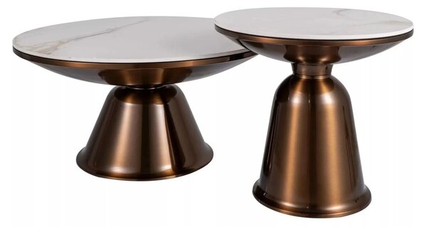 Set 2 masute cafea VERA, alb cu efect de marmura/cupru, ceramica/metal