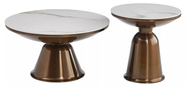 Set 2 masute cafea VERA, alb cu efect de marmura/cupru, ceramica/metal