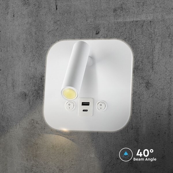 Aplică LED de perete cu port USB, 8W, 230V, 3000K, alb