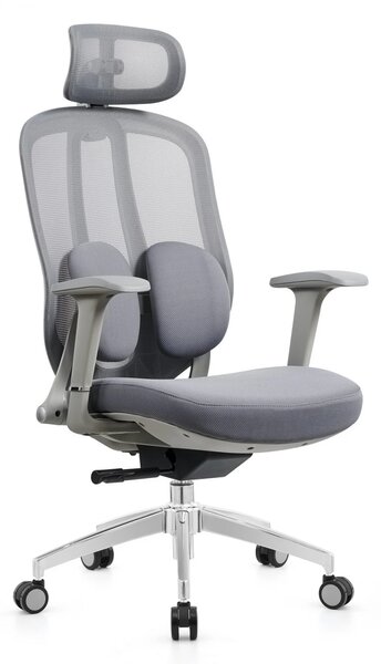 Scaun ergonomic, cu înclinare sincronizată, suport lombar si tetiera reglabile, rotativ, tapițerie din mesh si textil, căptușeală din spumă, cadru PP, Gri
