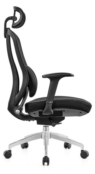 Scaun ergonomic, cu înclinare sincronizată, suport lombar si tetiera reglabile, rotativ, tapițerie din mesh si textil, căptușeală din spumă, cadru PP, Negru