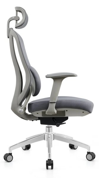 Scaun ergonomic, cu înclinare sincronizată, suport lombar si tetiera reglabile, rotativ, tapițerie din mesh si textil, căptușeală din spumă, cadru PP, Gri
