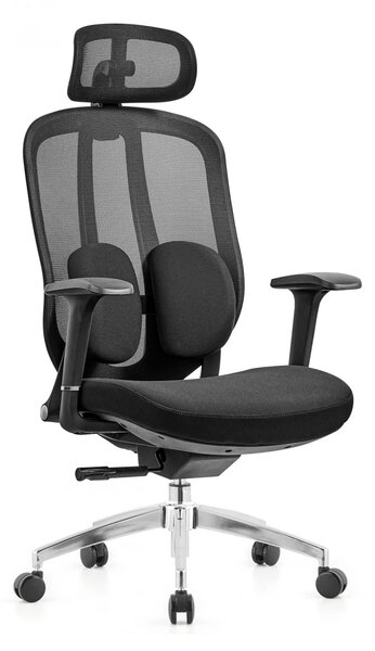 Scaun ergonomic, cu înclinare sincronizată, suport lombar si tetiera reglabile, rotativ, tapițerie din mesh si textil, căptușeală din spumă, cadru PP, Negru