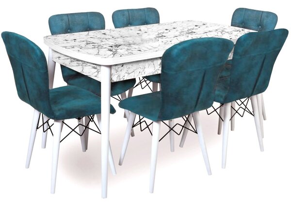 Set masa extensibila cu 6 scaune tapitate Homs marmurat alb 250-30650 bej- turqoaz 170 x 80 cm