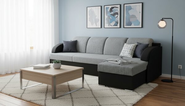 Coltar extensibil MERIN, universal, stofa catifelata negru/gri, cu lad