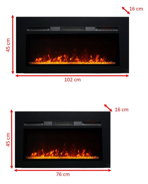 Semineu incorporat 3D ElectricSun PAULA GLASS negru XXS, pe perete, podea sau incorporabil, 3 culori, L76xH45cm