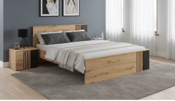 Cadru pat VABRES 160x200, stejar artisan/negru mat, PAL melaminat