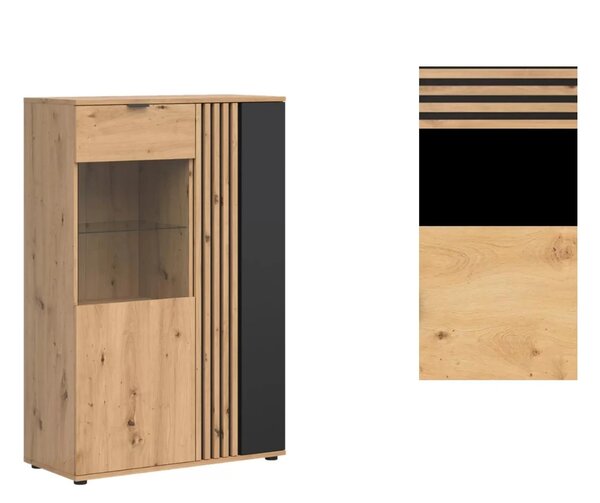 Vitrina VABRES, stejar artisan/negru mat, PAL laminat/sticla, 91x40x13