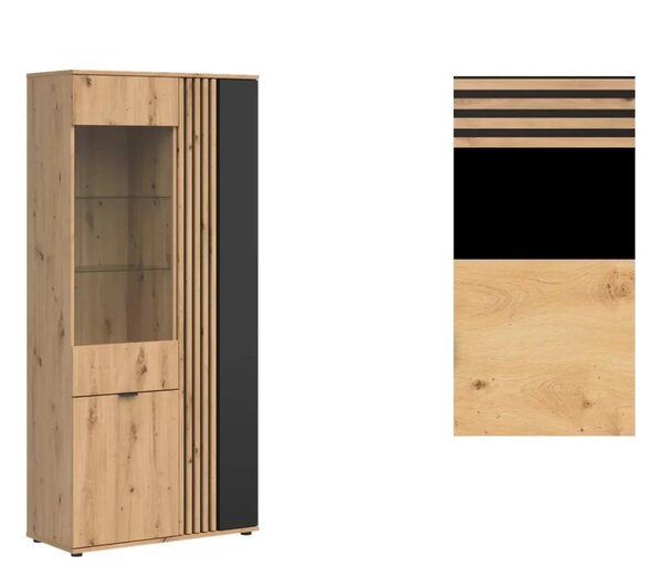 Vitrina VABRES, stejar artisan/negru mat, PAL laminat/sticla, 91x40x19