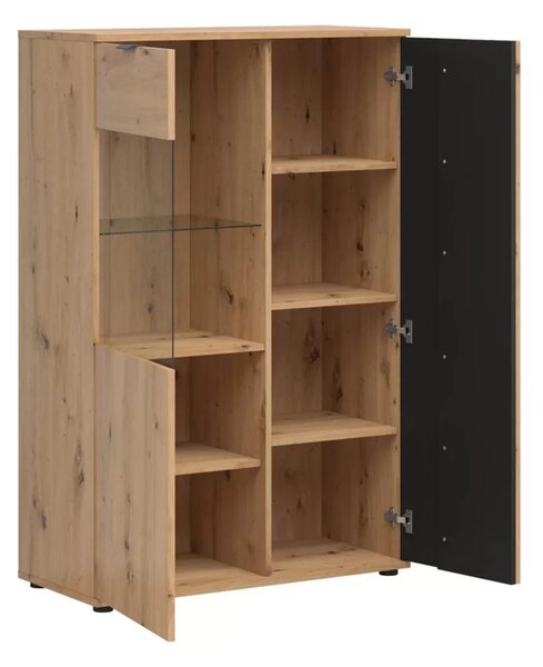 Vitrina VABRES, stejar artisan/negru mat, PAL laminat/sticla, 91x40x13