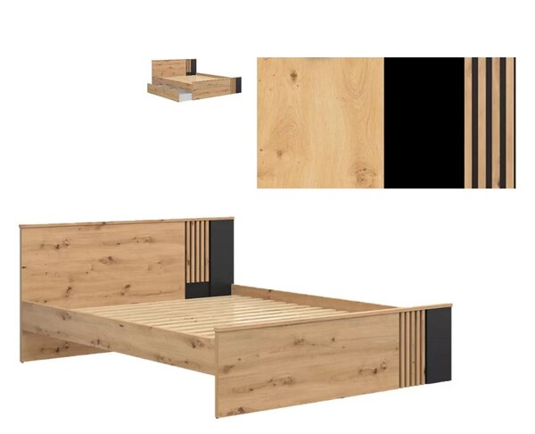 Cadru pat VABRES 160x200, stejar artisan/negru mat, PAL melaminat