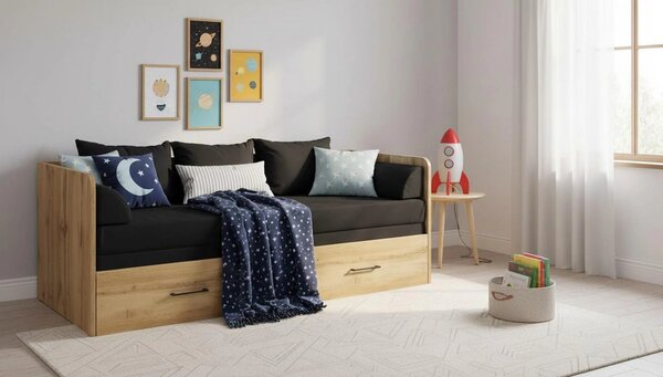 Pat TETRIX 80/160x200, stejar wotan/negru, PAL/stofa, cu saltea extens