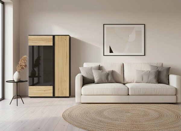 Vitrina LUEN, stejar/negru, PAL laminat/sticla securizata, 95x40x146 c