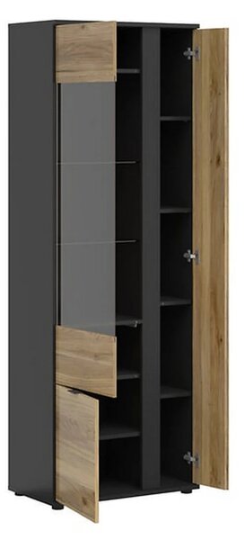 Vitrina LUEN, stejar/negru, PAL laminat/sticla securizata, cu 3 usi, 7