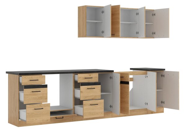 Set bucatarie JUNONA LINE, stejar, PAL, 300 cm, cu blat negru