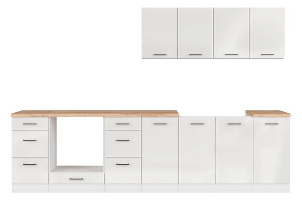 Set bucatarie JUNONA LINE, alb lucios, PAL, 300 cm, cu blat stejar art