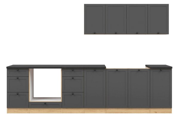 Set bucatarie JUNONA LINE, gri grafit/stejar, PAL, 300 cm, cu blat neg