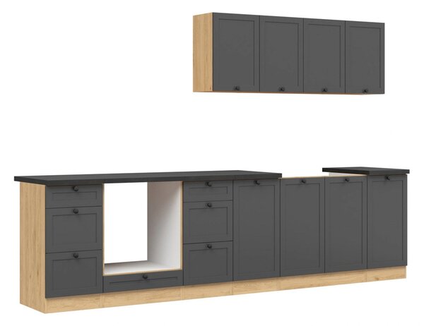 Set bucatarie JUNONA LINE, gri grafit/stejar, PAL, 300 cm, cu blat neg