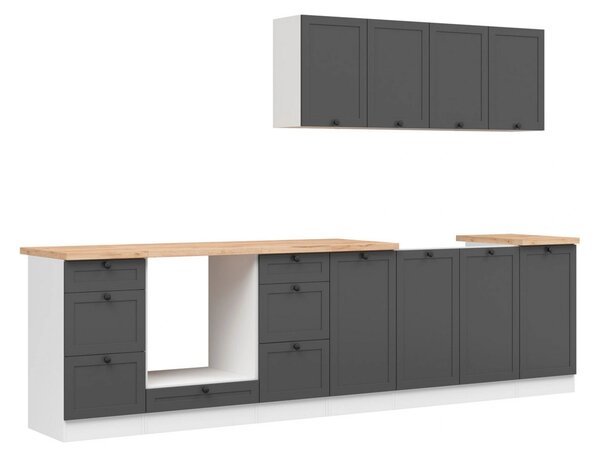 Set bucatarie JUNONA LINE, gri grafit/alb, PAL, 300 cm, cu blat stejar