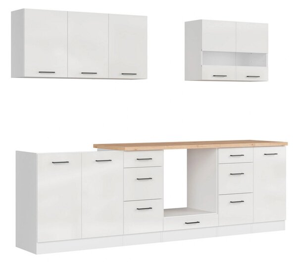 Set bucatarie JUNONA LINE, alb lucios, PAL, 260 cm, cu blat stejar art