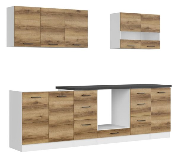 Set bucatarie JUNONA LINE, stejar delano/alb, PAL, 260 cm, cu blat neg