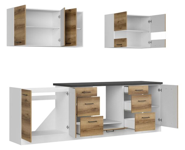 Set bucatarie JUNONA LINE, stejar delano/alb, PAL, 260 cm, cu blat neg