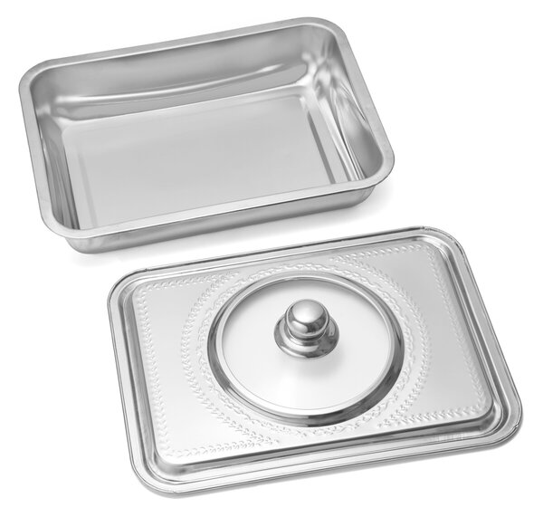Tava pentru cuptor cu capac, Vanora Home, 39 x 29 x 7 cm, inox, argintiu