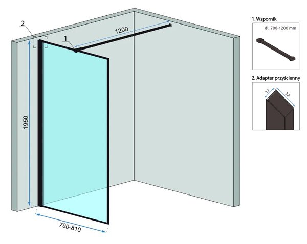 Rea Bler, paravan de duș 80x195 cm, sticlă transparentă de 8 mm, profil negru mat + poliță și cuier EVO, KPL-K7637