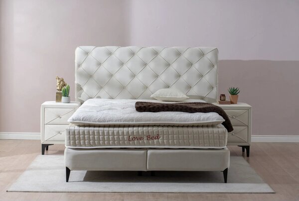 Pat LOVE BED 160x200, stofa catifelata crem - Luna 01, cu somiera si s
