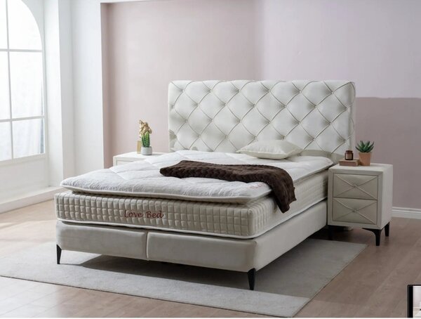 Pat LOVE BED 160x200, stofa catifelata crem - Luna 01, cu somiera si s