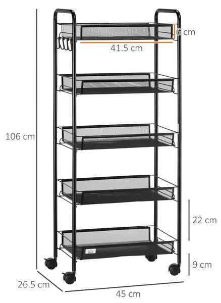 HOMCOM Cărucior de Bucătărie cu 5 Niveluri și Coșuri din Plasă, Soluție de Depozitare pentru Sufragerie, Design Modern | Aosom Romania