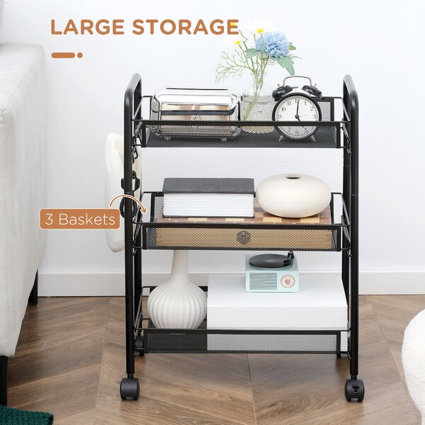 HOMCOM Cărucior de Bucătărie Multifuncțional cu 3 Niveluri, Coșuri Detașabile, 4 Roți, Oțel și Plastic PP, 45Lx26,5x63cm, Negru | Aosom Romania
