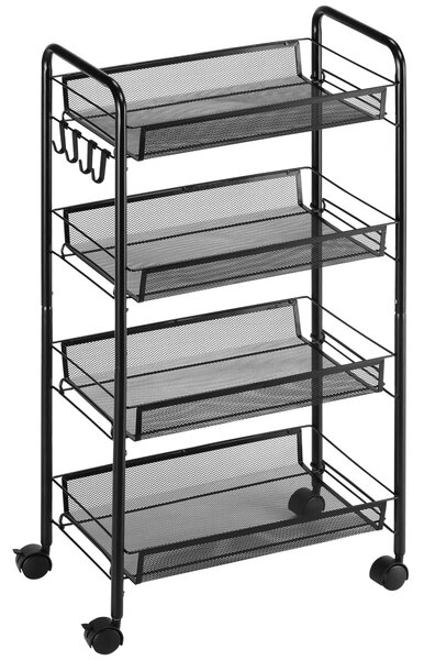 HOMCOM Cărucior Utilitar cu 4 Niveluri, Design Rulant cu Coșuri de Plasă și Cârlige, 45x26.5x84cm, Ideal pentru Bucătărie și Birou | Aosom Romania